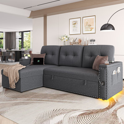 [ON SALE] L-Shaped Sectional Sofa, Pull Out Sleeper Couch With LED & Charging Station & Reversible Chaise by Wrought Studio