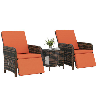 Outsunny 3 Pieces Rattan Bistro Set Reclining Garden Chairs Orange