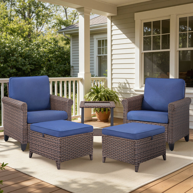 Ensemble de chaises d'extérieur en osier 5 pièces avec repose-pieds et table d'appoint, Bleu