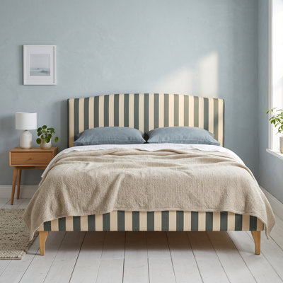 Modern Farmhouse Queen Linen Upholstered Platform Bed with Curved Striped Headboard, Sage Green