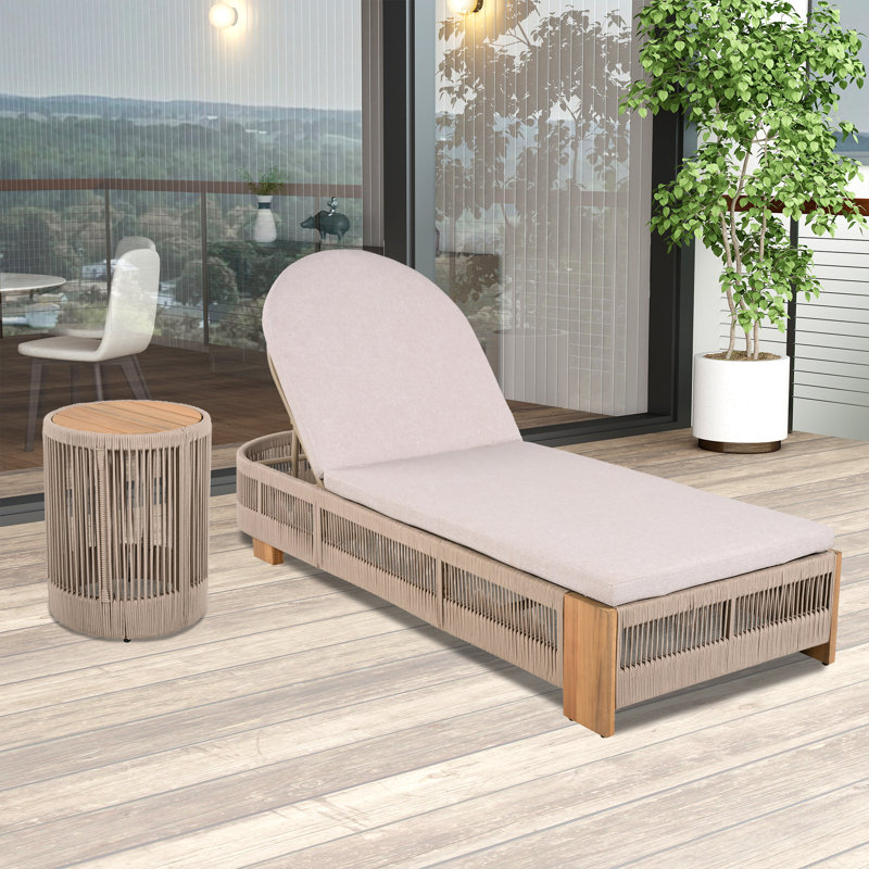 Chaise longue d'extérieur avec table d'appoint, Beige