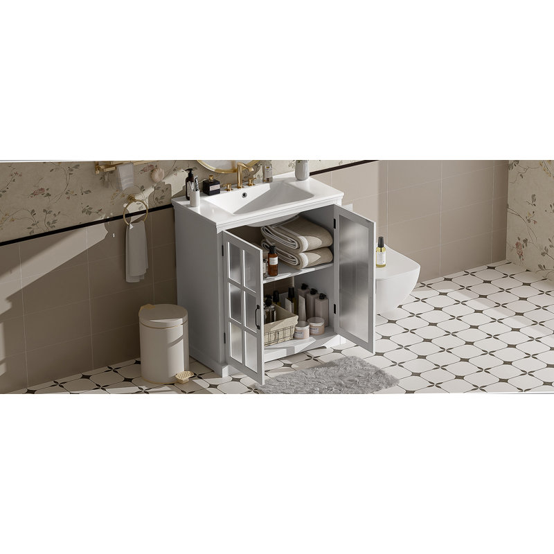 Meuble-lavabo moderne avec lavabo en céramique, verre trempé flou et rangement intelligent, idéal pour rehausser la fonctionnalité et le style de la salle de bain