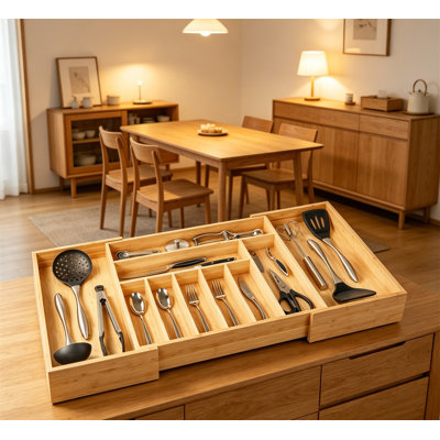 Extra Large Expandable Kitchen Silverware Drawer Organizer Adjustable Bamboo Tray