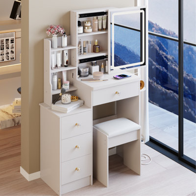 Small Bedroom American - Style Dressing : 29.2" Left Bedside Vanity Table With Cushioned Stool, 2 Ac+2 Power Ports, Tri Colour And Brightness Adjustable Touch Led Mirror, White Design Charging Material