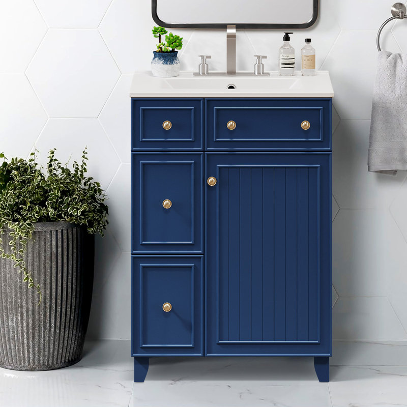 Meuble-lavabo 24 po avec lavabo en céramique, Bleu / Doré