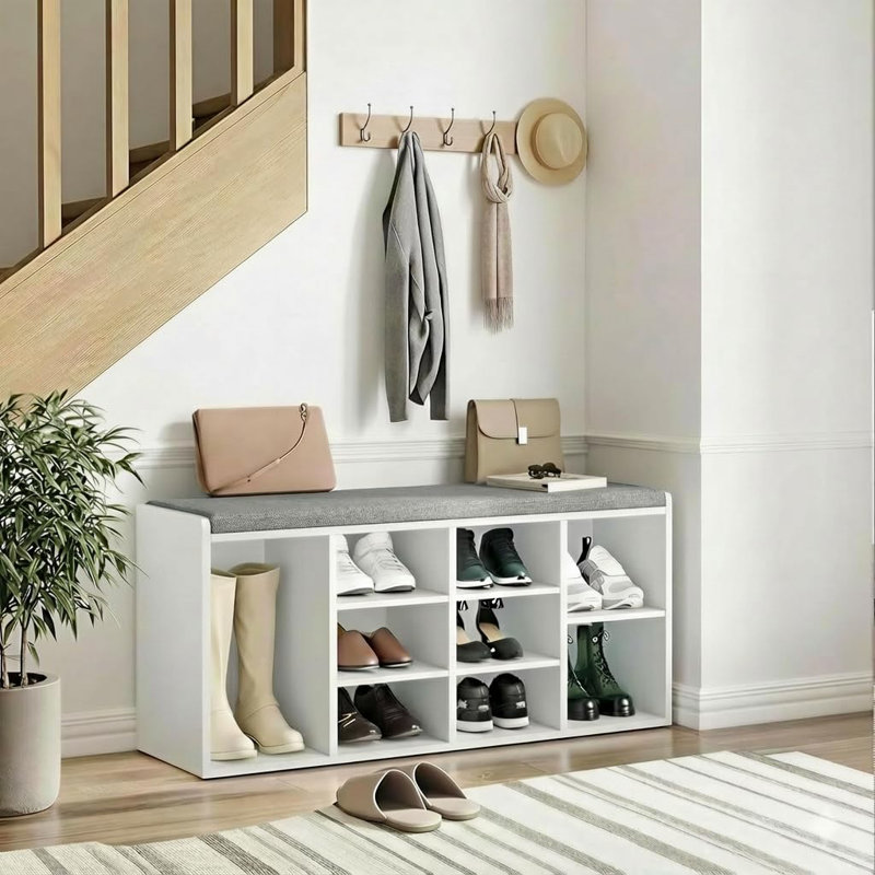 9 Pair Shoe Storage Bench, White/Light Grey