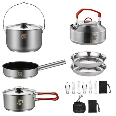 15-Piece Outdoor Camping Cookware Set: A 304 stainless steel cookware set designed for canister stoves, featuring a kettle, hanging pot, frying pan, water bottle, and a complete, elegant portable picnic set with cutlery and plates, complete with a storag