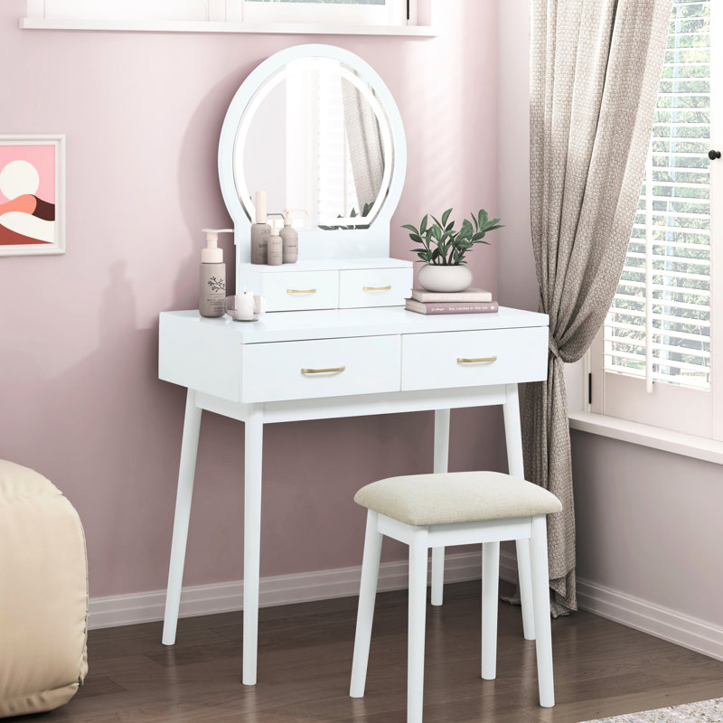 Modern White Vanity With 4 Drawers, Led Lighted Mirror And Matching Stool For Bedroom Storage Luxury Furniture: