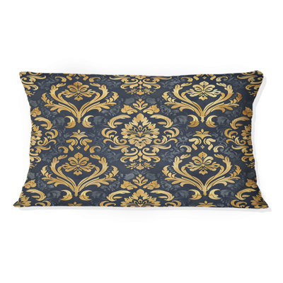 Blue Gold Timeless Damask Pattern I - Traditional Lumbar Pillow