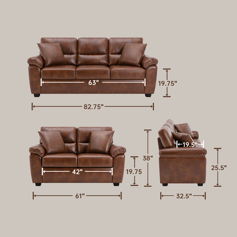 2 Pieces Living Room Set, Faux Leather Couch and Loveseat Set, Brown