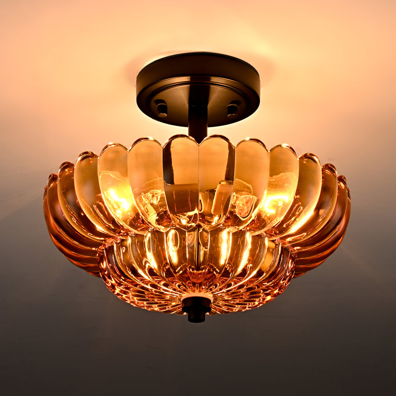 Plafonnier semi-encastré 3 lumières moderne noir avec abat-jour en verre ambré festonné, Noir satiné