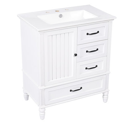 Meuble-lavabo de 30 po avec lavabo, porte A, trois tiroirs, pieds en bois massif et panneau de fibres à densité moyenne, patins réglables