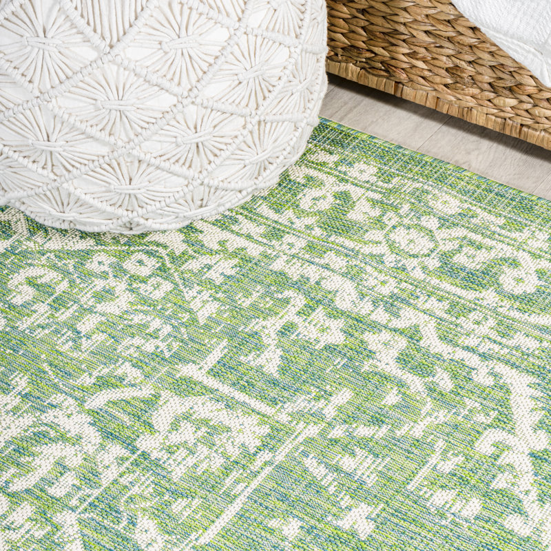 Massimo Bohemian Medallion Textured Weave Cream/Green Indoor/Outdoor Rug, Runner 2'2" x 8'