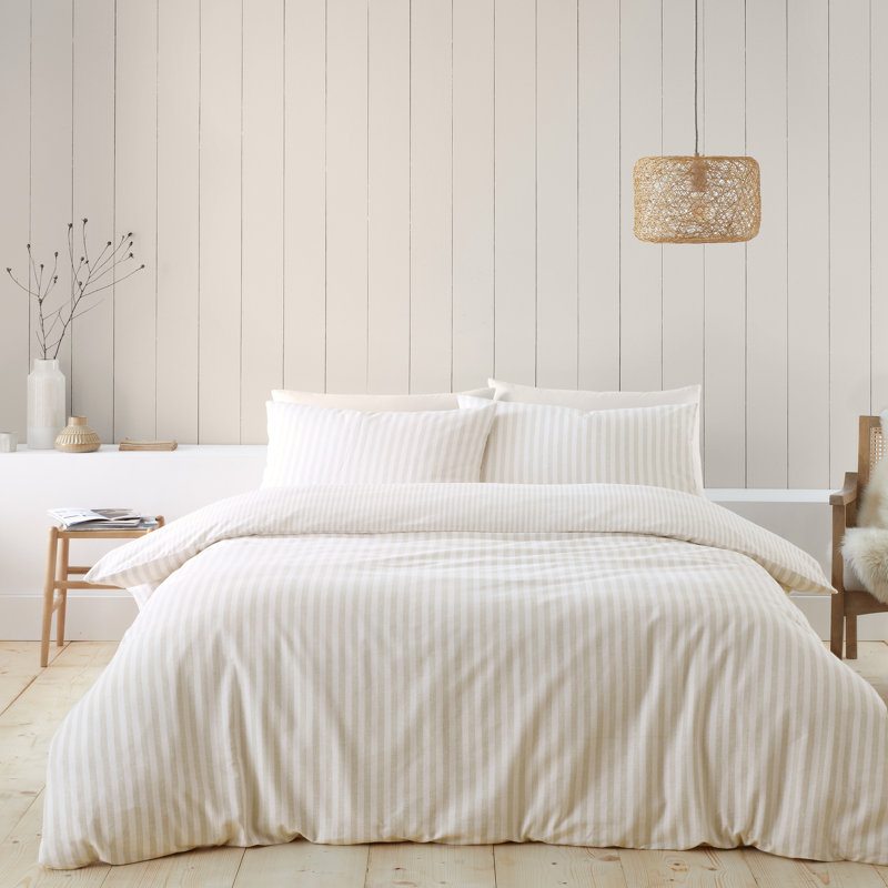 Brushed Stripe Cotton Reversible Duvet Cover Set, Natural, Double Duvet Cover + 2 Standard Pillowcases