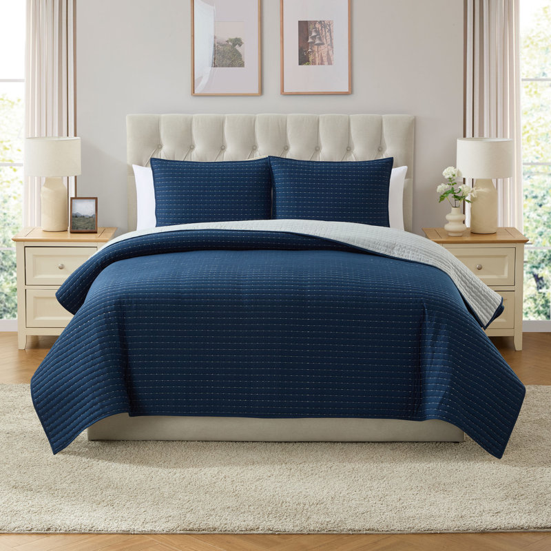 Ensemble de courtepointe en microfibre 3 pièces VCNY Home, Courtepointe de grande taille et 2 taies décorati, Bleu