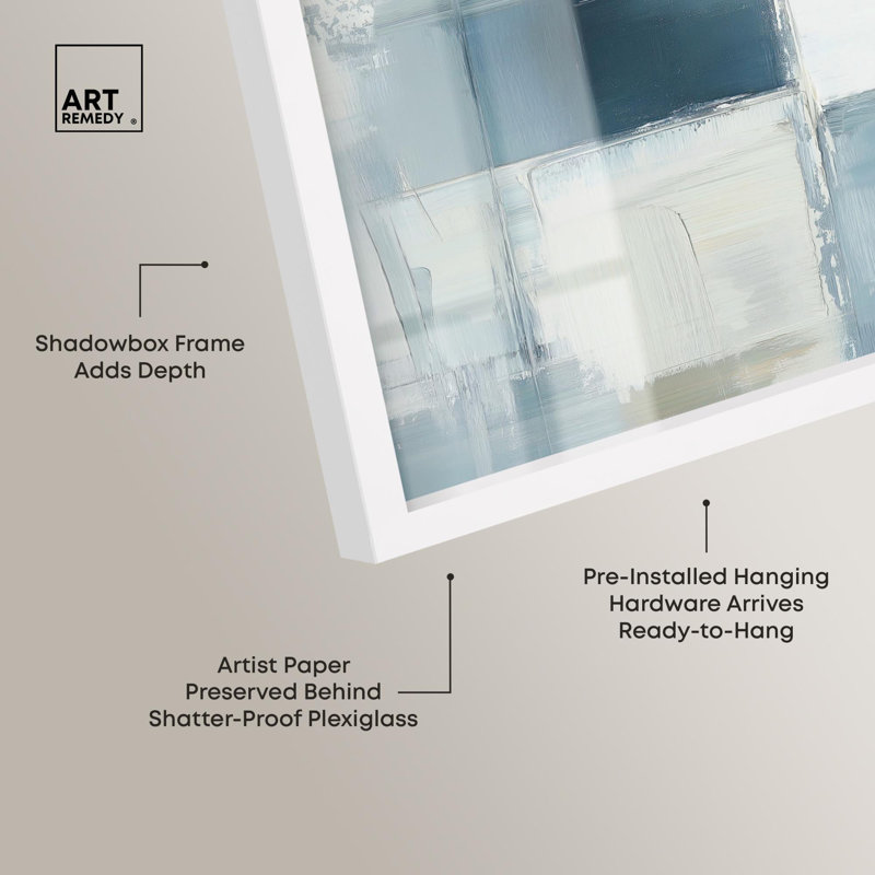 Art abstrait bleu déconstruit «I Shadowbox» par Art Remedy, H 13 po x l 13 po, Blanc