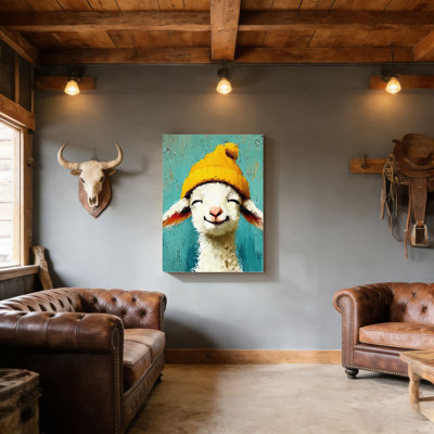 Agneau souriant jaune, cadre en bois à l'arrière, 20 po x 30 po