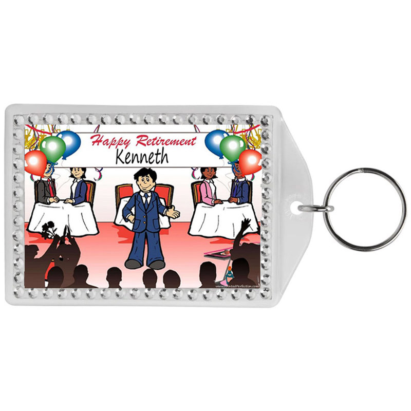 Personalized Name That Toon Retiring Male Rhinestone Bordered Key Chain, Yes