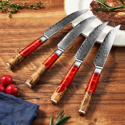 Ensemble de couteaux à steak 6 pièces Senken Knives - Collection Tsunami - Acier japonais VG10 à 67 couches - Lames non dentelées, poignées en résine et bois naturel, boîte-cadeau de luxe