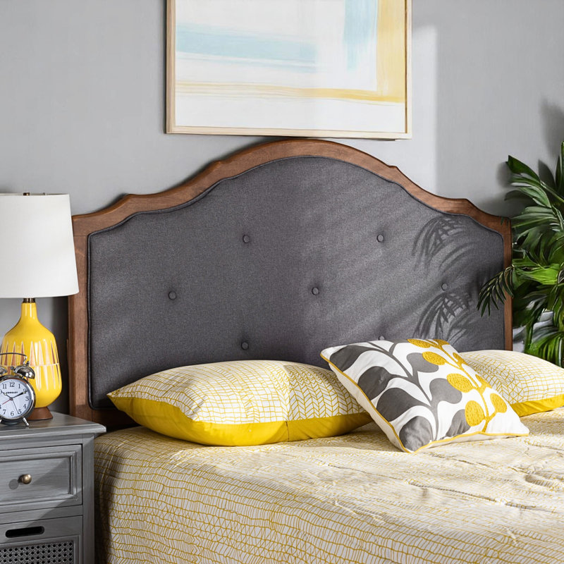 Valley Queen Dark Gray & Walnut Upholstered Button Tufted Headboard, 59.83" H X 60.92" W X 0.79" D