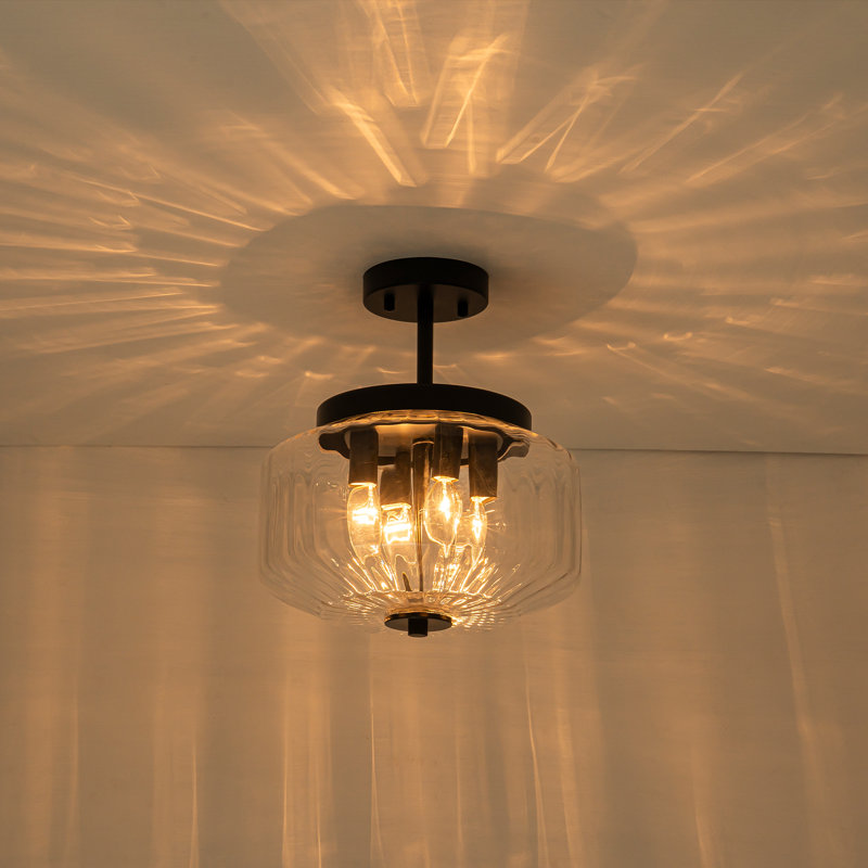 Modern 4-Light Semi Flush Mount Ceiling Light With Clear Ribbed Glass Shade Matte Black Finish E12 Base UL ETL Listed For Bedroom Living Room Hallway