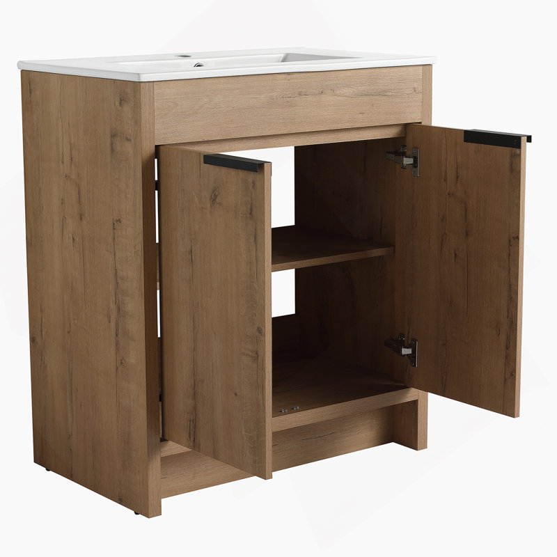 Meuble-lavabo autoportant avec lavabo en céramique et 2 portes d'armoire à fermeture en douceur, 30"