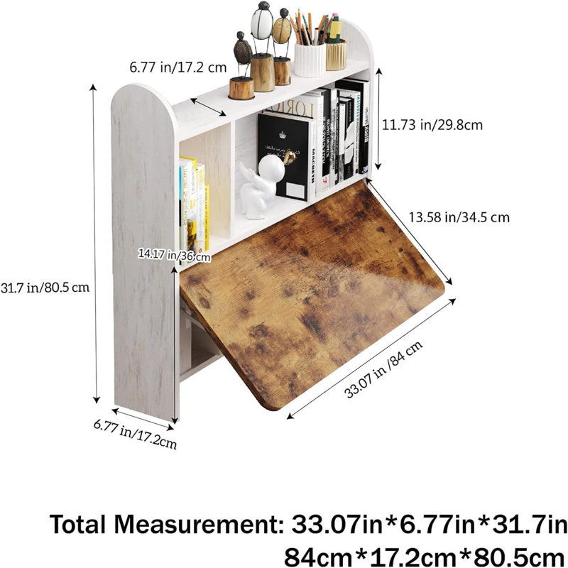 Wall Mounted Drop-Leaf Table, Floating Laptop Desk, Folding Table With Shelves, Multifunctional Computer Workstation With Storage Compartments In Home Office For Space Saving