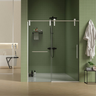 56"-60"W X 76"H Frameless Shower Door, Sliding Shower Door, Premium 5/16"(8Mm) Thick Tempered Glass Shower Enclosure With Towel Bar ,Double Side Easy Clean Coat,Brushed Nickel Finished With Buffer
