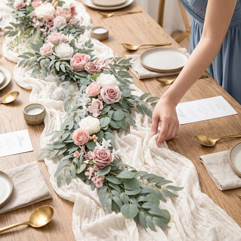 Guirlande de fleurs - 9 pi Eucalyptus et rose - décoration de table rose chérie pour réception de mariage, Pink