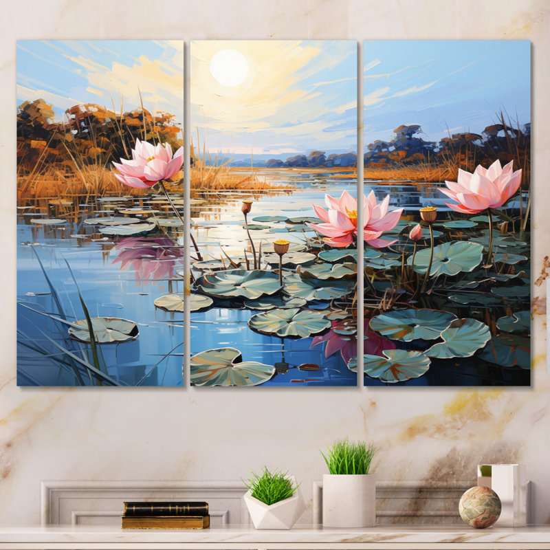 «Asian Art Lotus Lake» sur toile, reproduction de 3 pièces, H 28 po x l 36 po x P 1 po