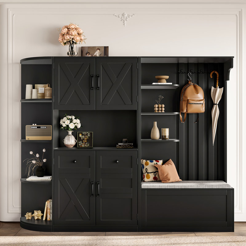 Armoire de vestibule polyvalente noire pour les espaces de vie, unités gauche et droite avec rangement suspendu, protection de coin ronde divisant différentes pièces, coins spacieux