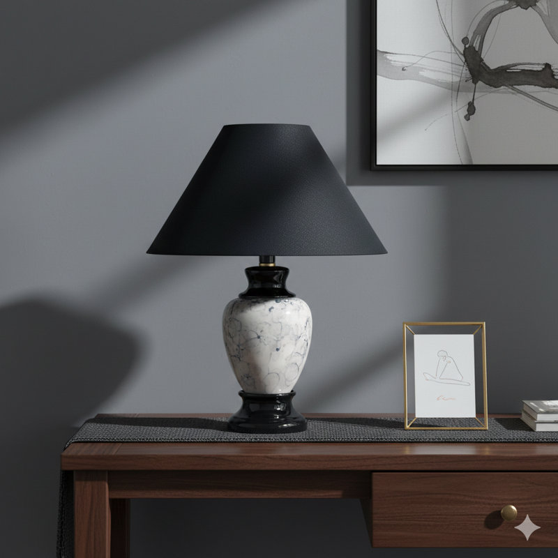 Lampe de table haute 13 po en céramique, en forme d'urne avec finition noire, abat-jour en lin