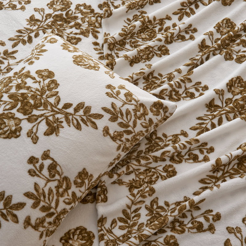 Ensembles de draps en velours ultra doux, Ensemble de draps pour grand lit + un drap-housse , Floral, Toile / olive