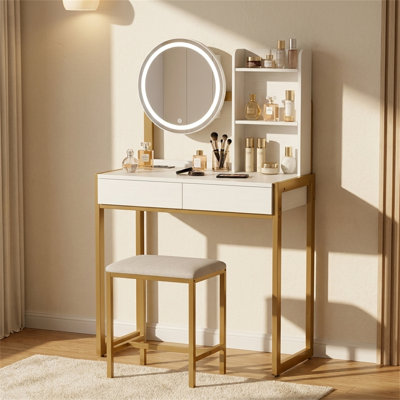 Coiffeuse de maquillage, avec miroir de maquillage à DEL, avec prise de courant, tiroir, étagère ouverte et tabouret rembourré; Coiffeuse polyvalente, plateau en bois avec structure en métal, style scandinave moderne