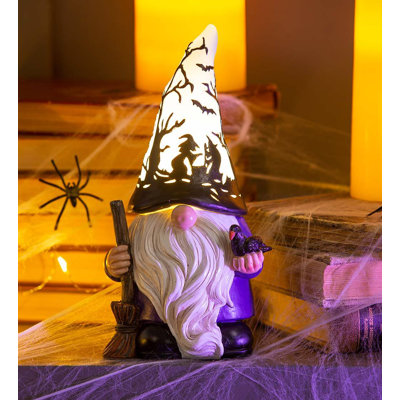 Halloween Gnome with Lighted Hat and Raven Figurine