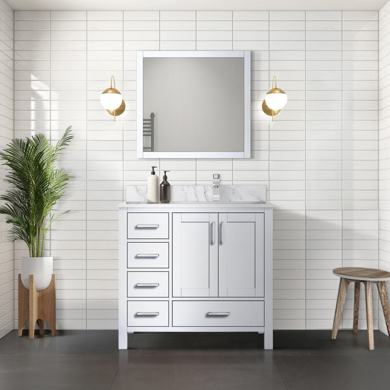 Meuble-lavabo blanc 36 po X P 22 po D, dessus en marbre de Carrare décalé à droite et ensemble de robinet, Blanc
