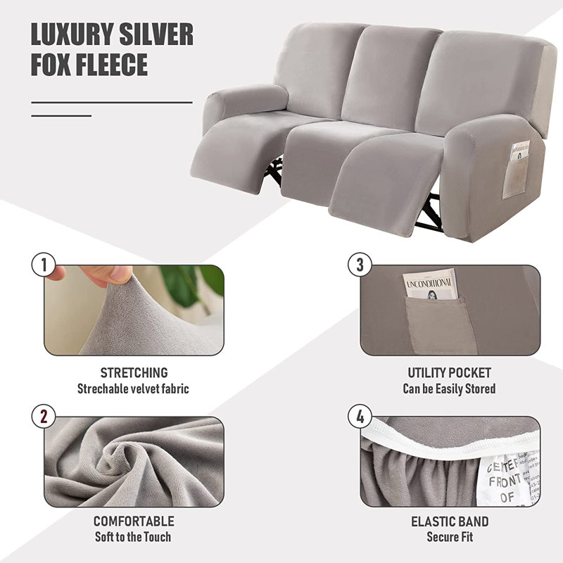 Housse pour fauteuil inclinable à coussins carrés/rectangulaires, Velours gris argenté