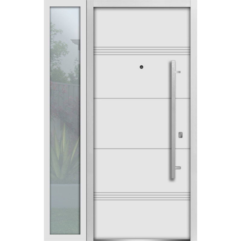 Porte avant en acier pré-suspendue à l'avant / deux portes en émail blanc 1705 / fenêtre extérieure latérale noire / inserts en acier inoxydable simple peint moderne - l 36 po x H 80 po - Gauche