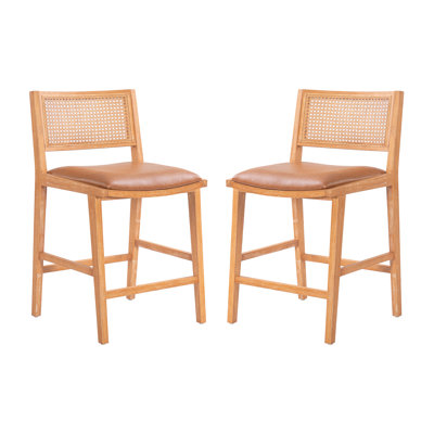 Tabouret de comptoir en bois d'hévéa moderne de 26,77 po de hauteur avec dossier en rotin et siège en similicuir Alden