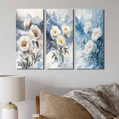 Neige pivoines dans le paysage hivernal I - Collection d'art mural grand pivoines