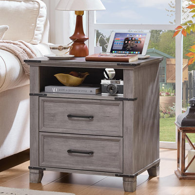 Table de chevet 22 po avec station de charge, table de bout avec 2 tiroirs, commode en bois rustique pour la chambre à coucher, commode avec table de chevet et table de chevet pour le salon (gris)