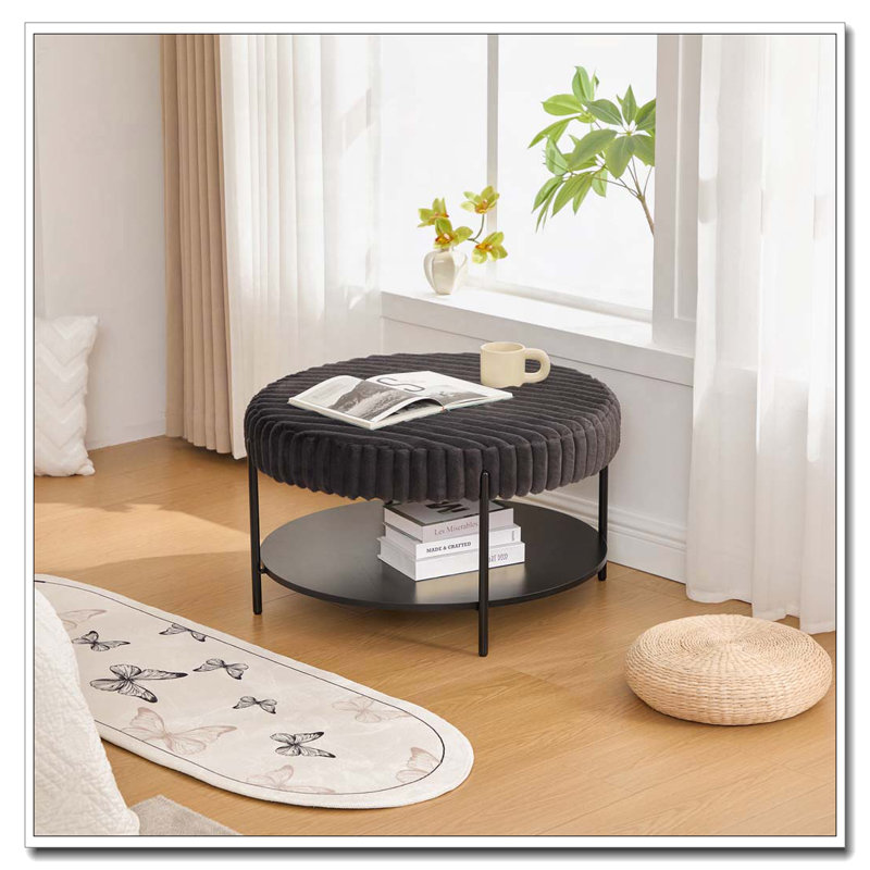 30.9"Wide Faux Fur Upholstered Round Ottoman Coffee Table Foot Rest with Black Metal Legs, Charcoal