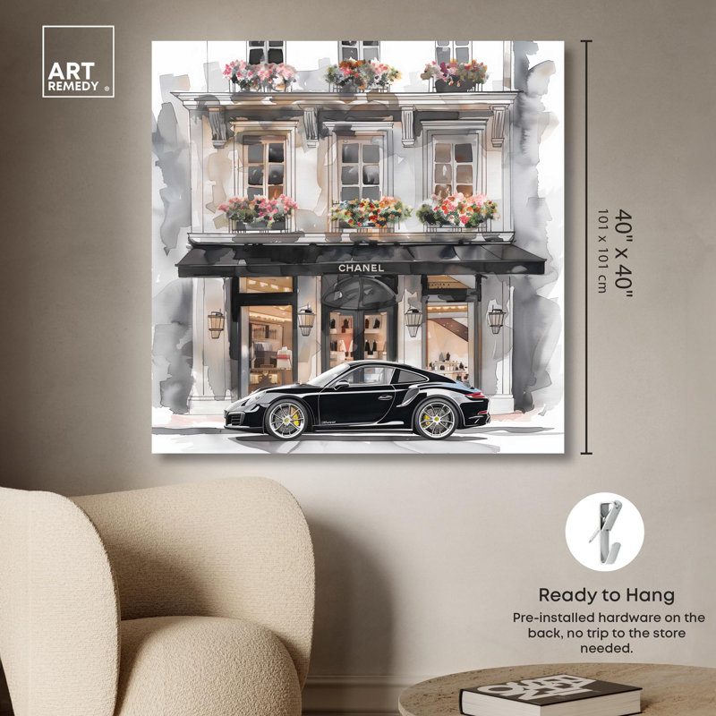 Illustration de mode sur toile devant une voiture de luxe par Art Remedy, Toile tendue, H 40 po x l 40 po x P 1,5 po