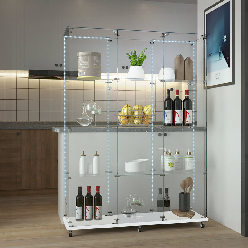 Versatile Tempered Glass Display Cabinet With Bluetooth LED Light Strips, Lock, And Wheels For Modern Storage Solutions