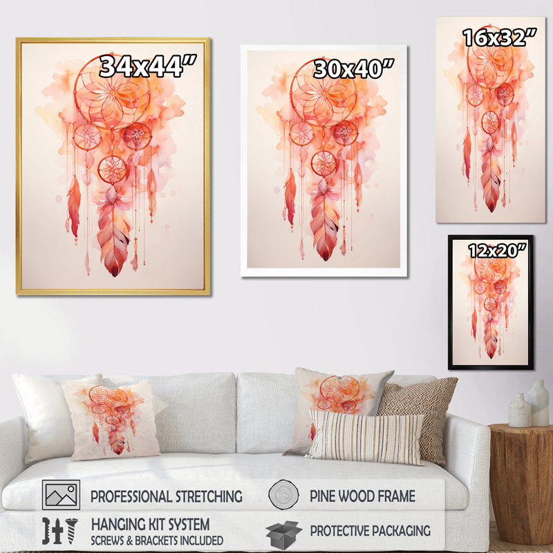 «Pink Boho Dreamcatcher Watercolor I», reproduction sur toile, 44" H x 34" W, Cadre flottant noir