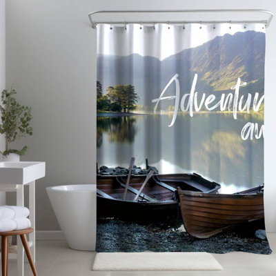 Adventure Awaits Green – Motivational Home – Polyester Shower Curtain, Dye Sublimation Print, 71" W × 74" L