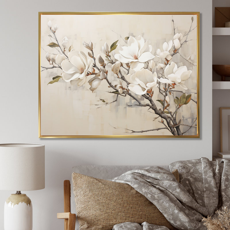 Beige de Magnolias «Dreamy» - art mural encadré Magnolias, H 34 po x l 44 po x P 1,5 po, Cadre flottant doré