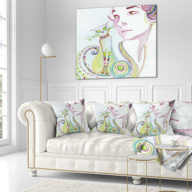 Jolie fille avec un chat - oreiller à imprimé portrait, 16 po x 16 po, Coussin décoratif