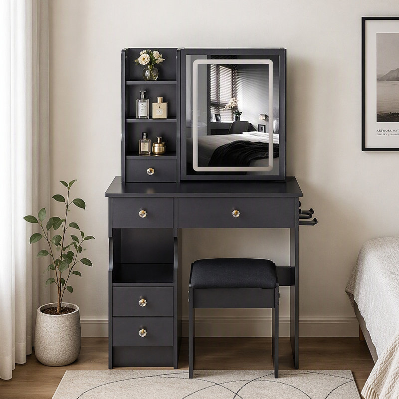 Petit meuble-lavabo de 29,2 po avec tiroir à gauche + tabouret rembourré, 2 blocs d'alimentation CA + 2 ports USB, support pour séchoir à cheveux, très grand miroir à DEL coulissant à contrôle tactile, changement de luminosité tricolore, réglage de la luminosité