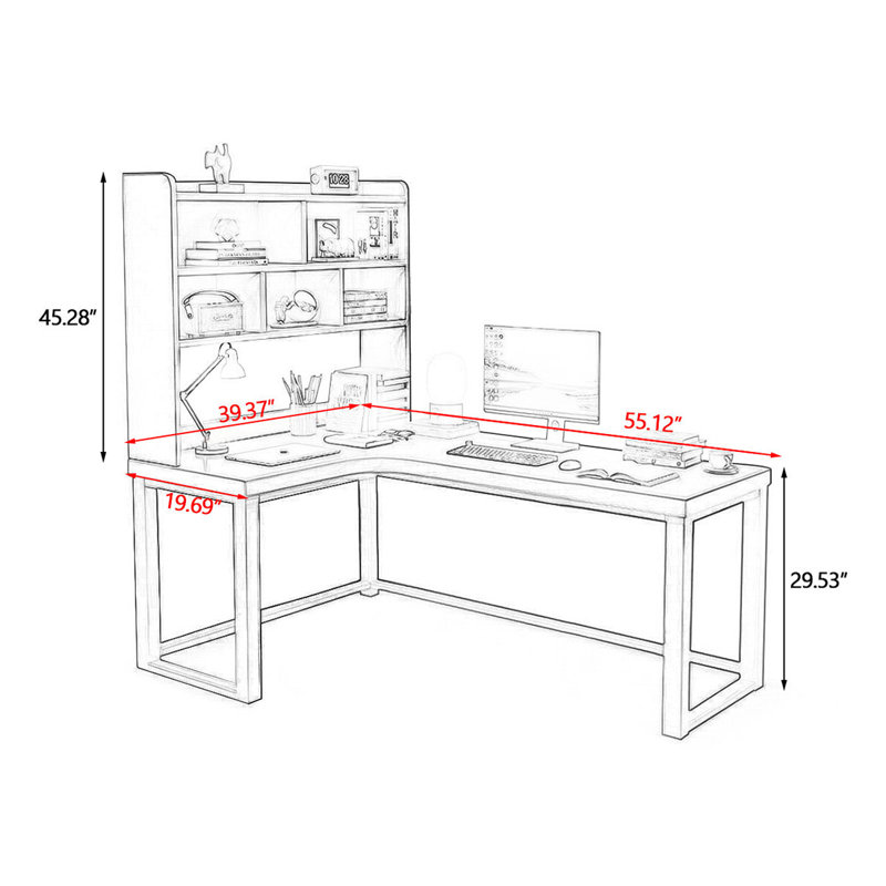 Bureau d'angle en L en bois massif avec bibliothèque intégrée, H 74,8 po x l 55,12 po x P 39,37 po, Retour à gauche